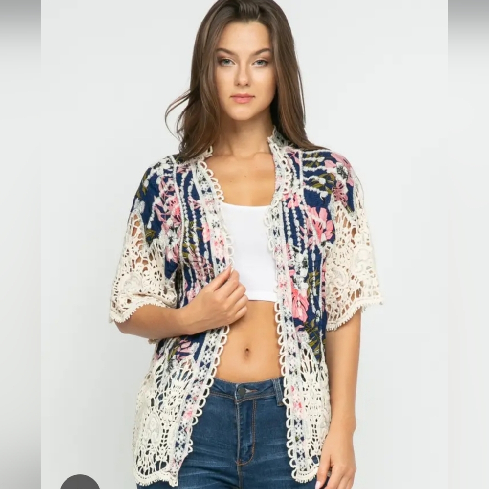 Raj Cream, Pink & Navy Crochet Kimono Cardigan with Floral Geometric Patterns